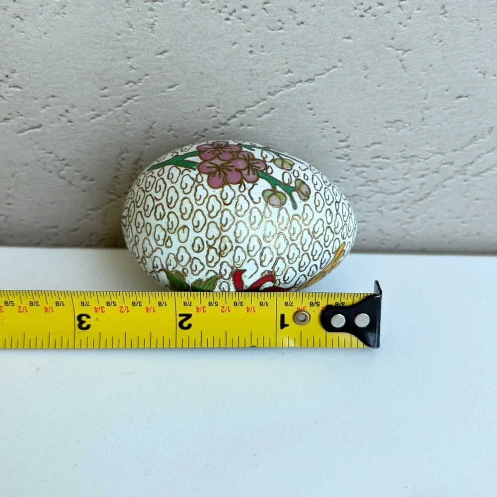 Vintage Chinese Cloisonne Enamel Egg White Floral Bird Motif 2.5 Inch Decor